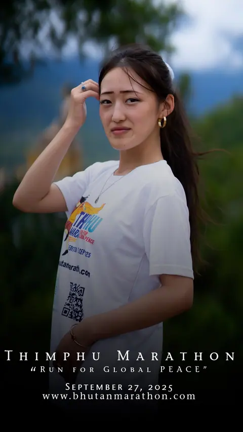 Young woman in a Thimphu Marathon poster, "Run for Global Peace", September 27, 2025