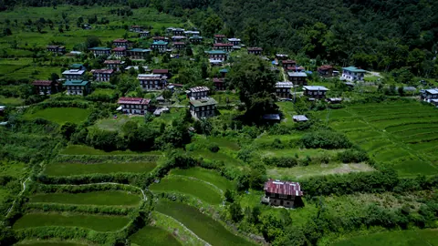 Aerial view of farmland and houses in a green valley