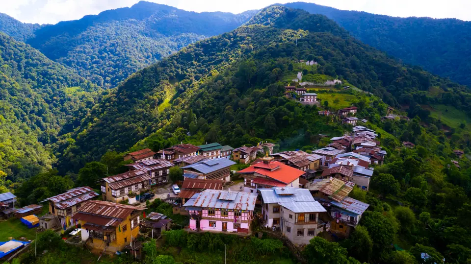 Aerial view of a Bhutanese mountain village